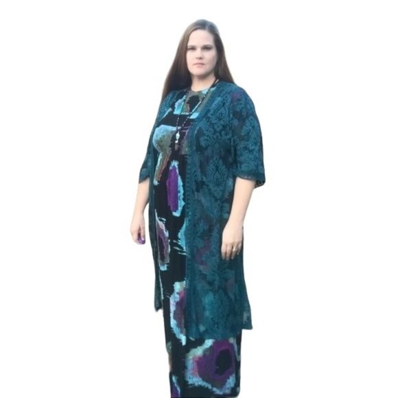 S/M Umgee Long lace open cardigan dark teal - Picture 5 of 8
